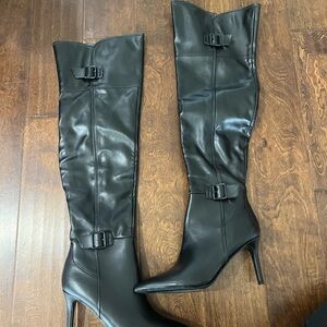 Nine West Women’s Black Knee-High Stiletto Boots with Buckle Detail